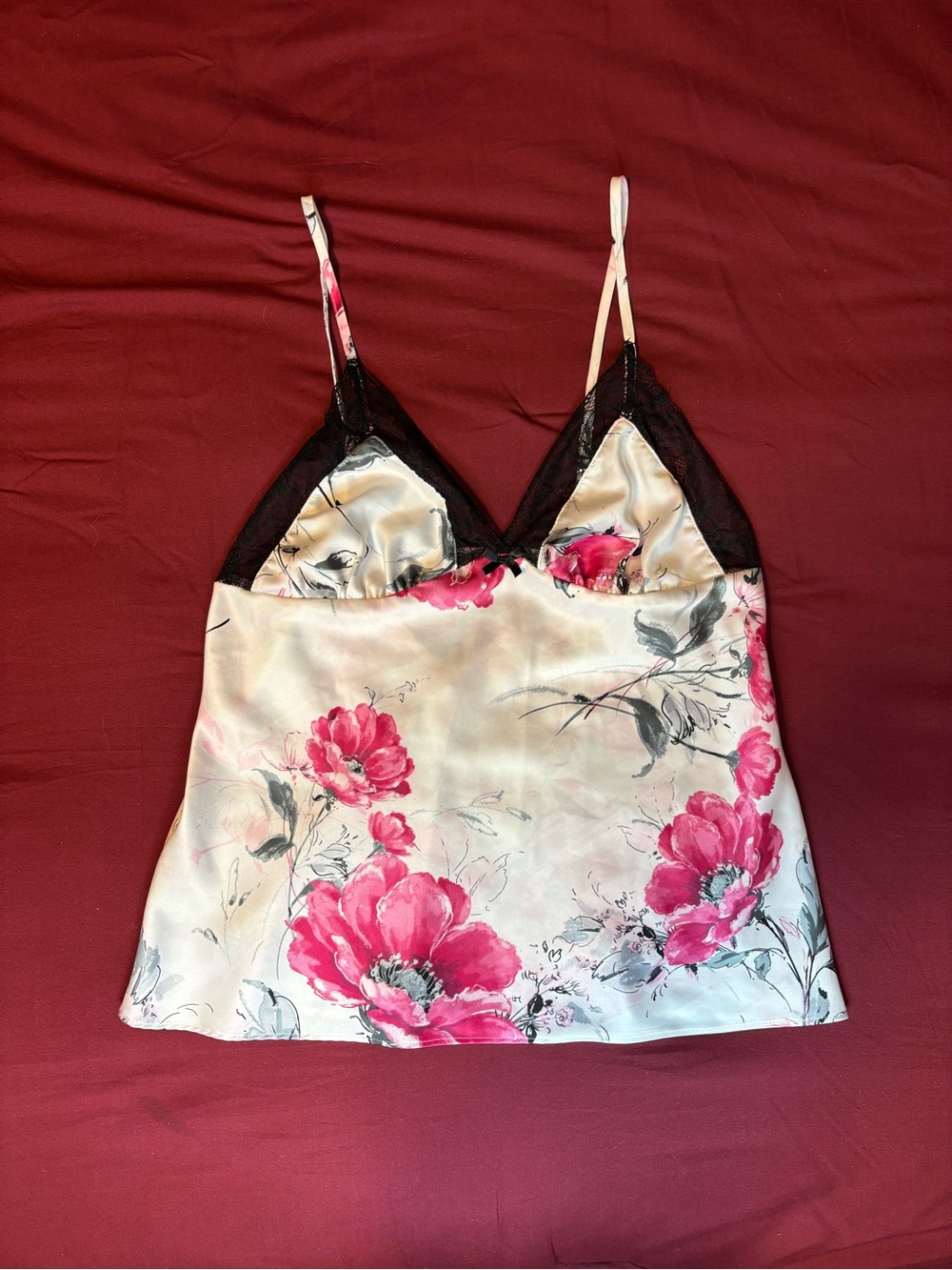 floral print silk cami top with lace trim (Apt 9), white & pink